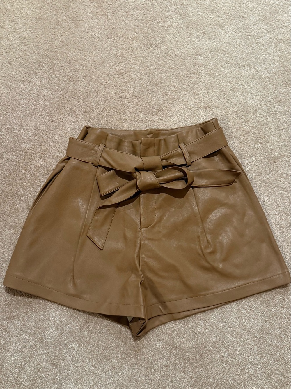 Amazon Women's High-Waist Faux Leather Shorts in Brown with Self-Tie Belt